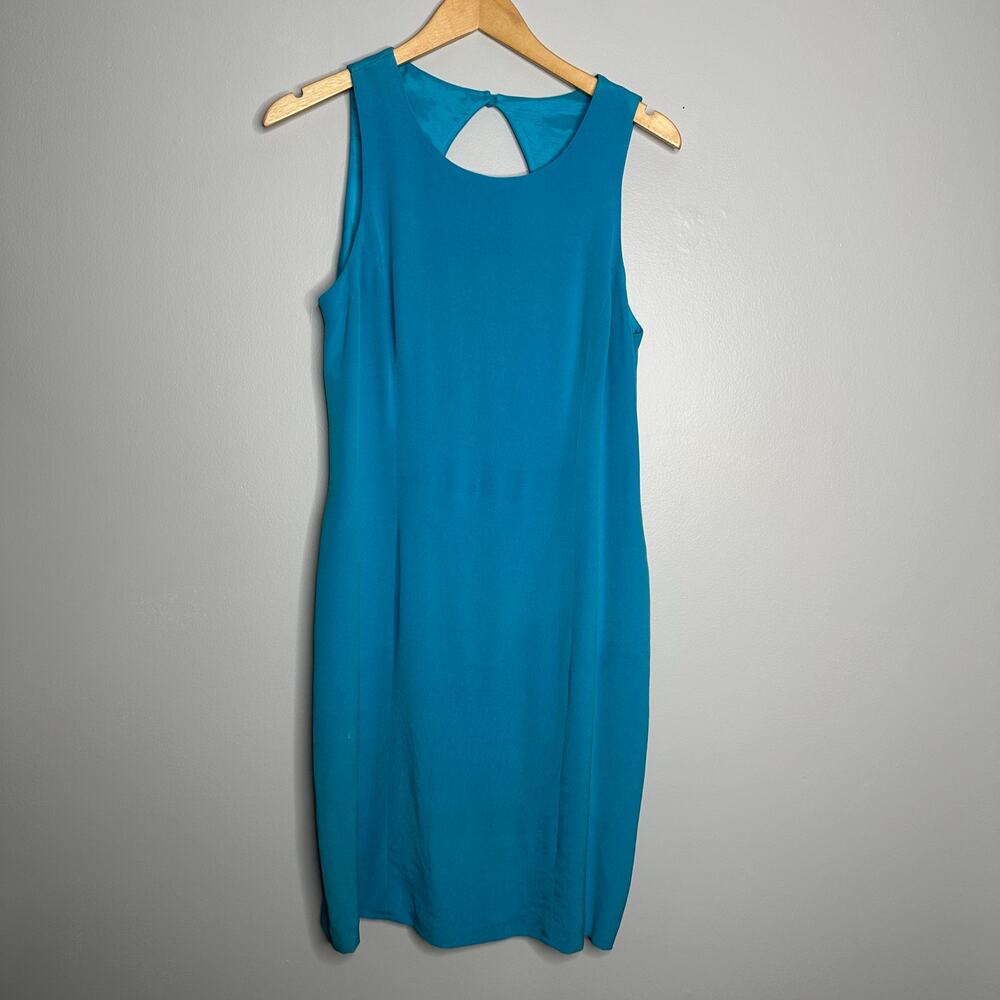 Maggy London Silk Sheath Dress Womens 12 Turquoise Blue EUC Keyhole Back Elegant